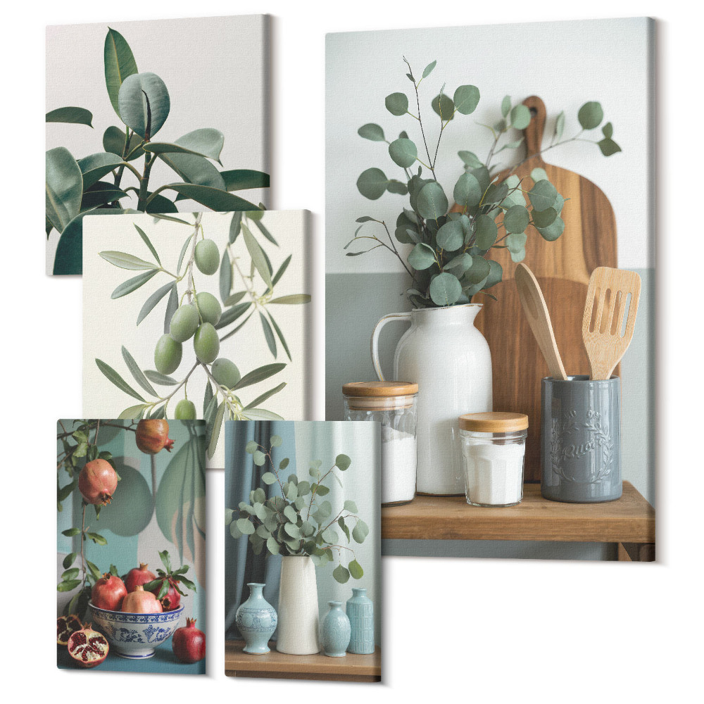 Sada obrazů na zeď pentaptych Přírodní akcenty ve skandinávském stylu s rostlinami