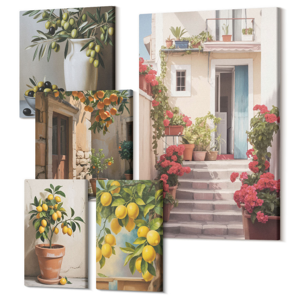 Sada 5 obrazů Atmosférický výhled na středomořské ulice lemované citrony