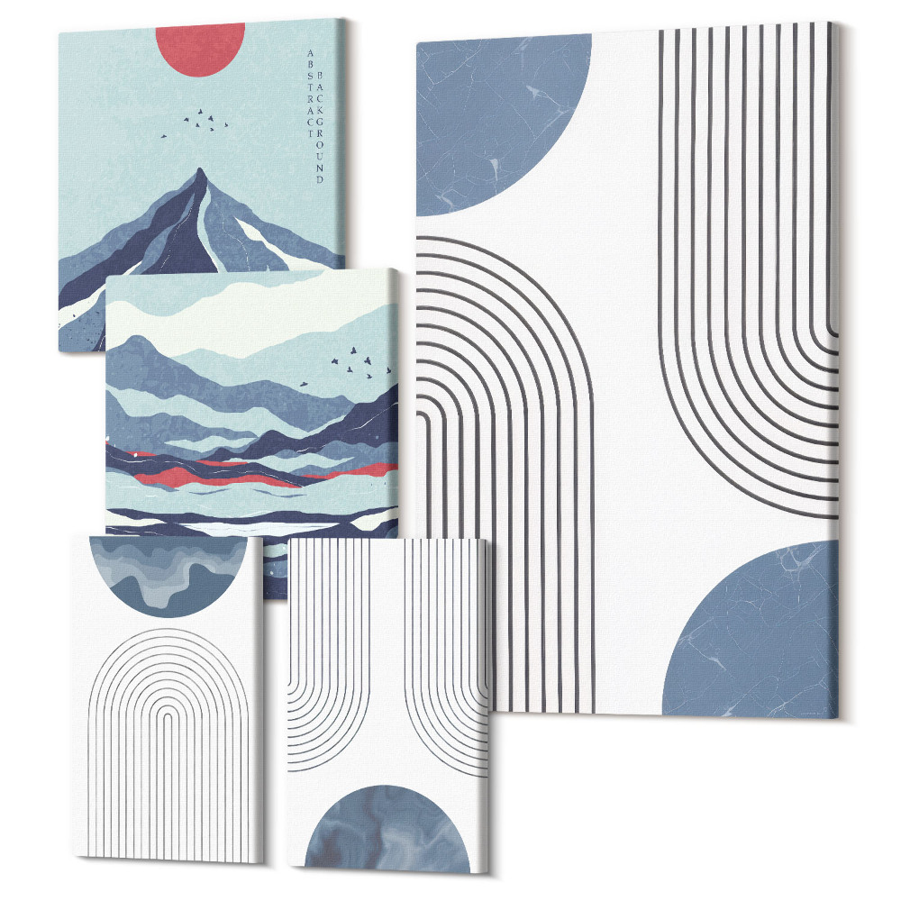Sada 5 obrazů Abstraktní krajiny s geometrickými tvary a barvami