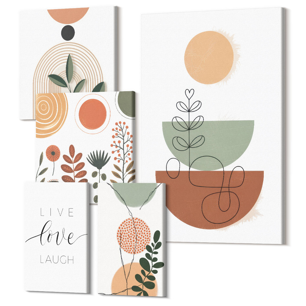 Sada obrazů pentaptych Stylová grafika s rostlinnými motivy a geometrickými tvary