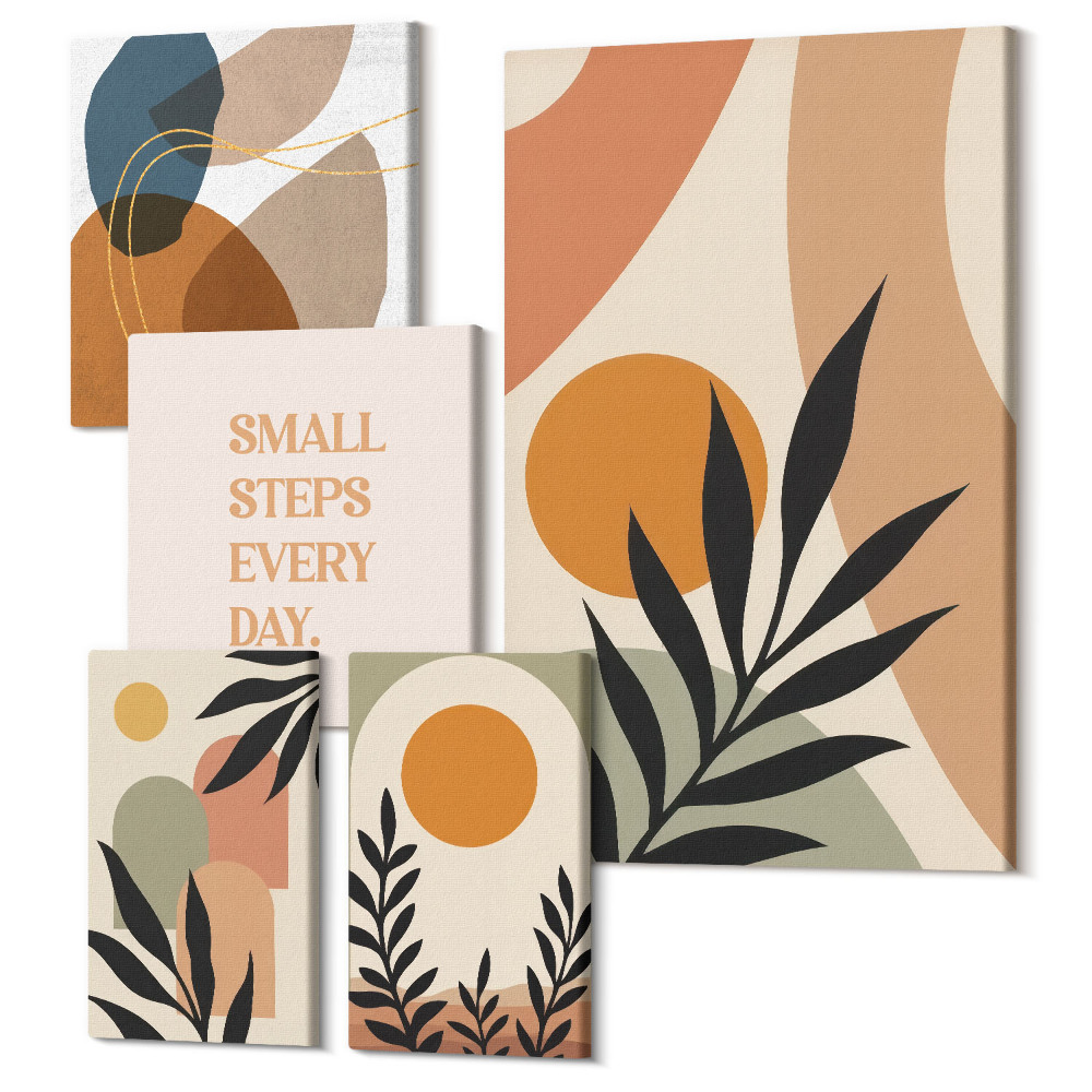 Sada 5 obrazů Stylová grafika s rostlinnými motivy a abstraktními tvary