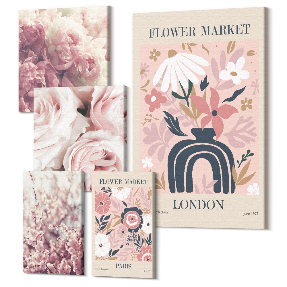 Sada obrazů pentaptych Květinové motivy v dekoracích v boho a romantickém stylu