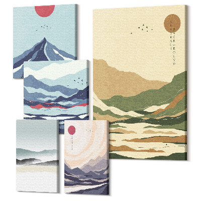 Sada obrazů na zeď pentaptych Horské krajiny s minimalistickými motivy přírody
