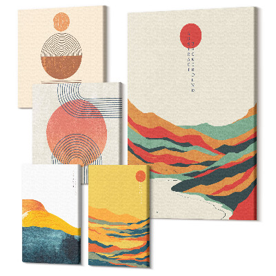 Sada obrazů na zeď pentaptych Abstraktní krajiny s geometrickými tvary a barvami