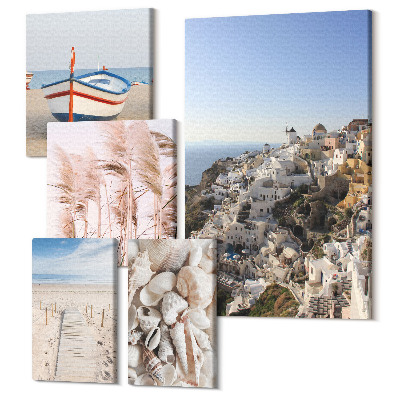 Sada obrazů pentaptych Přímořské krajiny s plážemi a bílými budovami