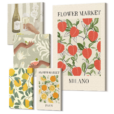 Sada obrazů pentaptych Vintage ovocné a květinové trhy z evropských měst