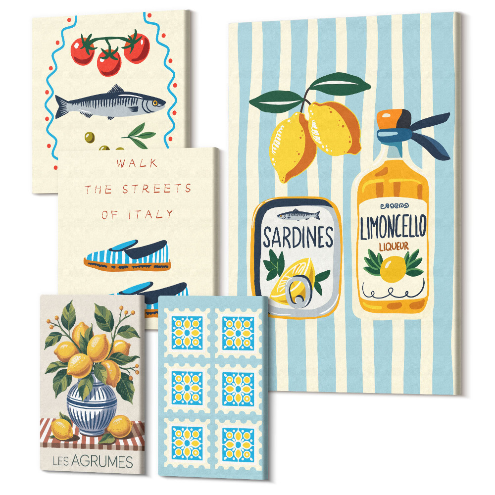 Sada obrazů pentaptych Kuchyňské inspirace z Itálie: citrusové plody a mořské plody