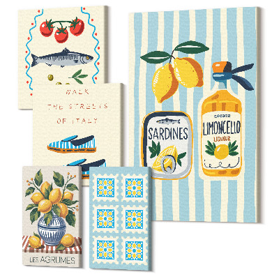 Sada obrazů pentaptych Kuchyňské inspirace z Itálie: citrusové plody a mořské plody