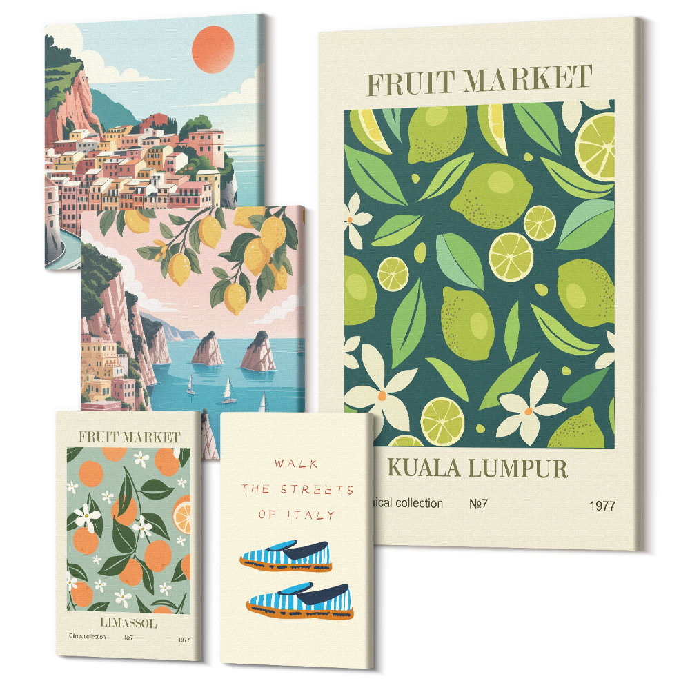 Sada obrazů na zeď pentaptych Tropické ovoce a výhledy z prázdninových míst