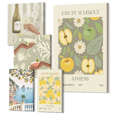 Sada 5 obrazů Atmosférické ovoce a botanické ilustrace ze 70. let