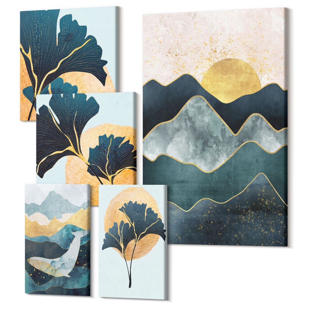 Sada obrazů pentaptych Stylové horské krajiny s dekorativními rostlinnými akcenty
