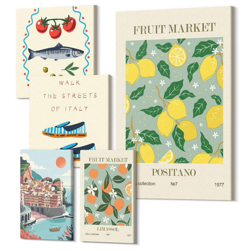 Sada obrazů pentaptych Sbírka ovoce a místních trhů z Itálie a Středomoří