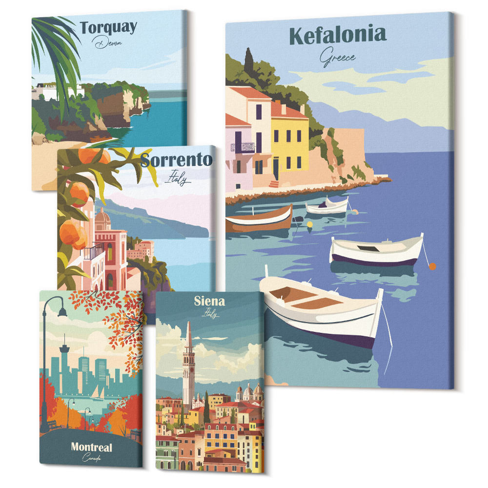 Sada obrazů pentaptych Přímořské krajiny z evropských turistických destinací