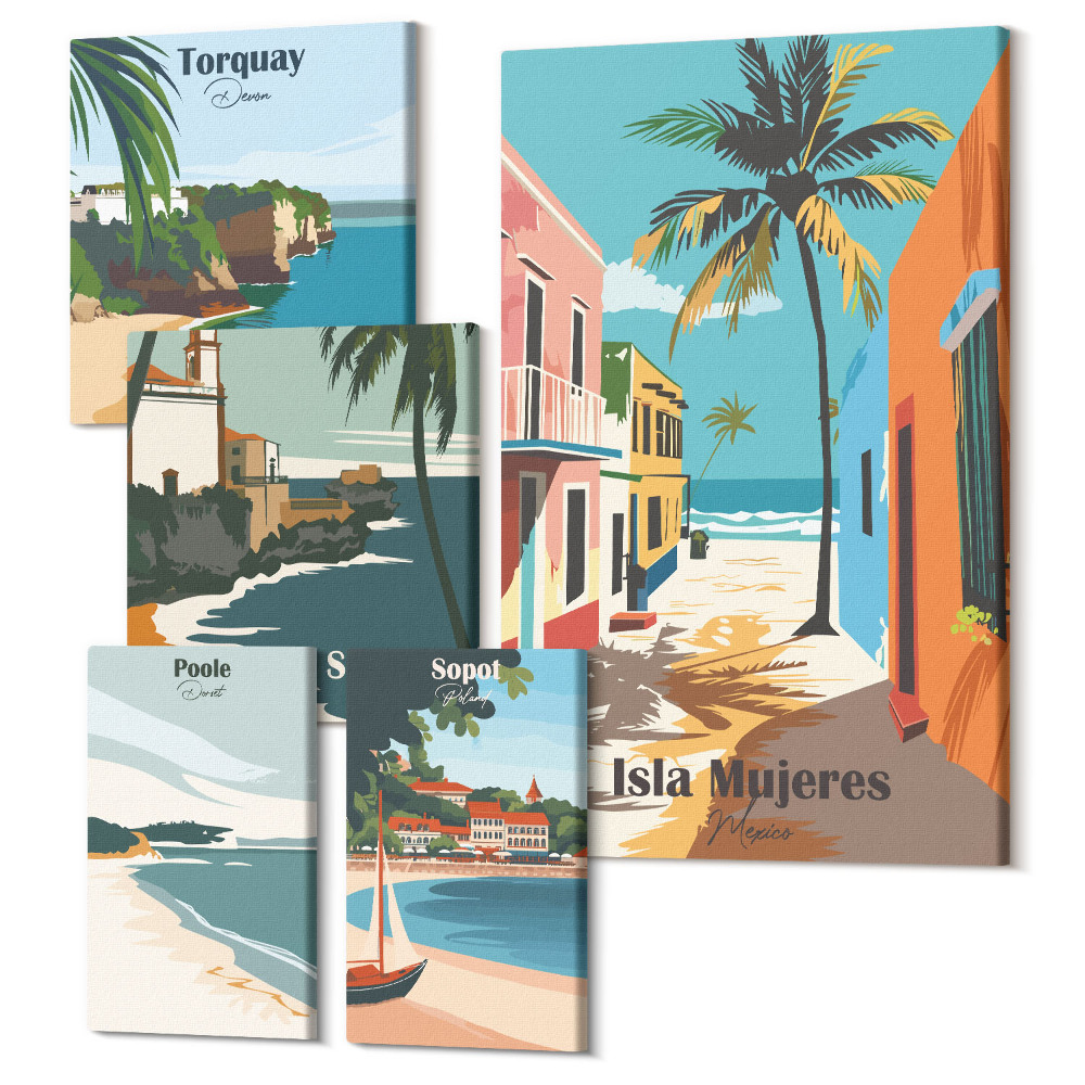Sada obrazů na zeď pentaptych Barevné výhledy na přímořská města a pláže