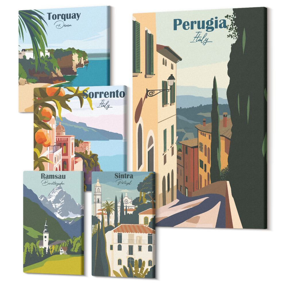 Sada obrazů pentaptych Italská města výhled na malebné uličky