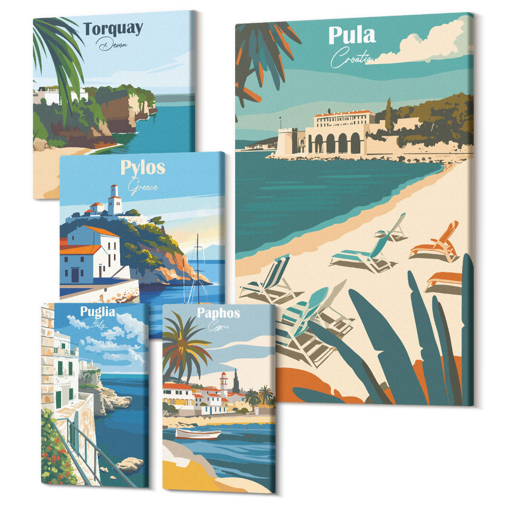 Sada obrazů pentaptych Pobřežní krajiny s okouzlujícími místy v Evropě