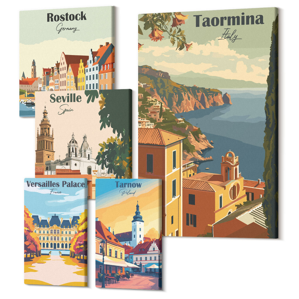 Sada obrazů na zeď pentaptych Krajiny evropských měst s architektonickými ikonami