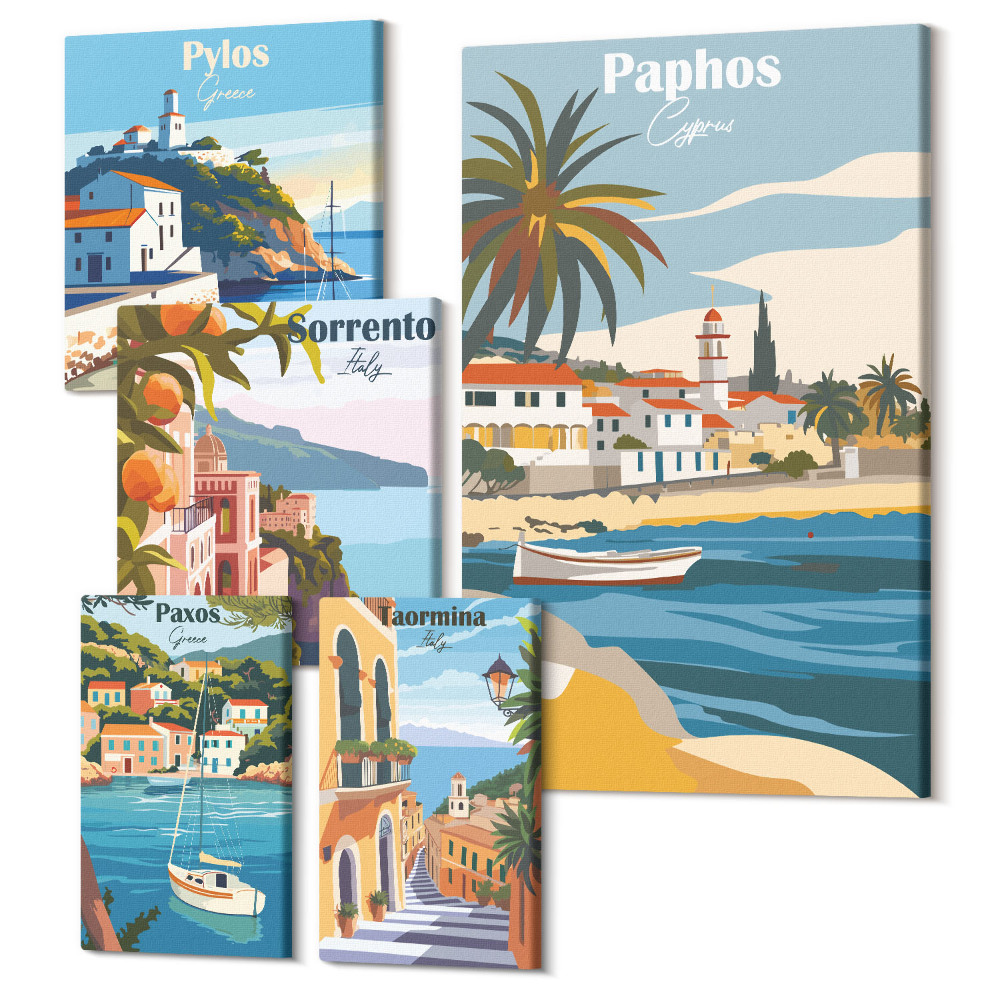 Sada obrazů pentaptych Přímořská krajina s okouzlujícími městy v Evropě