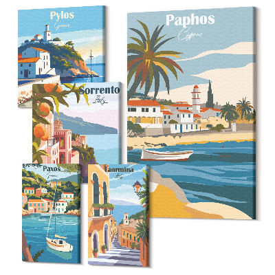 Sada obrazů pentaptych Přímořská krajina s okouzlujícími městy v Evropě