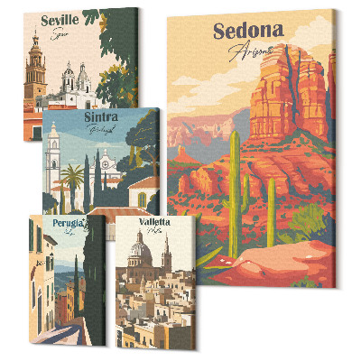 Sada obrazů pentaptych Turistické krajiny z různých měst po celém světě