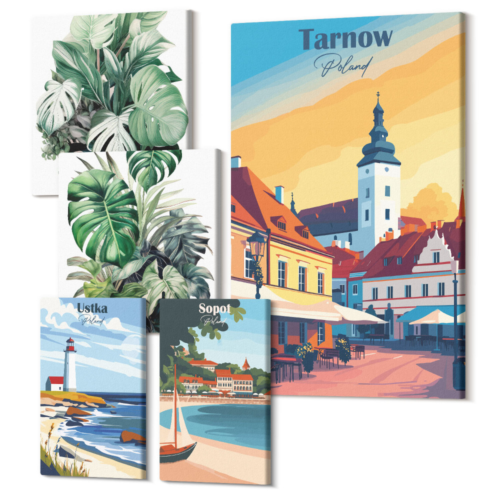 Sada 5 obrazů Polská přímořská města s rostlinnými motivy