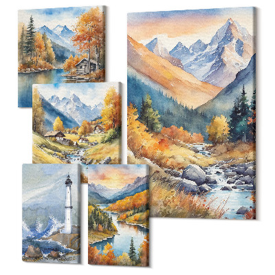 Sada obrazů pentaptych Horské krajiny s řekami a majákem