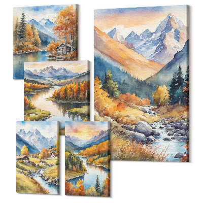 Sada obrazů pentaptych Podzimní horské krajiny s řekami a chatami v lese