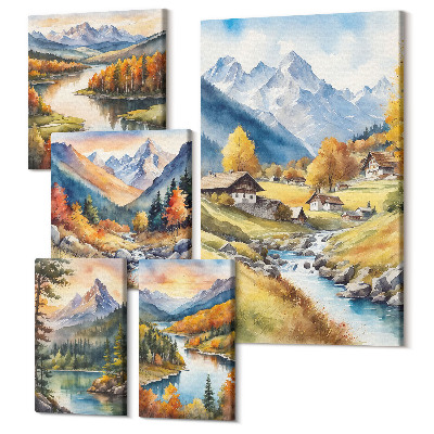 Sada 5 obrazů Malebné horské krajiny s řekami a lesy