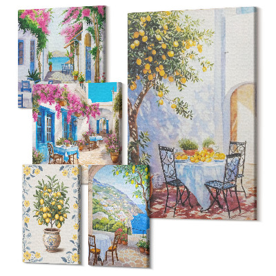 Sada obrazů pentaptych Okouzlující středomořská krajina s květinami a ovocem