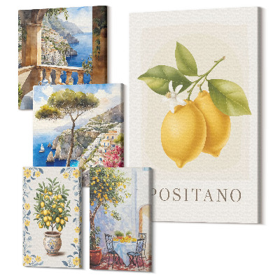 Sada obrazů na zeď pentaptych Citrusové akcenty inspirované Středozemním mořem a výhled na moře