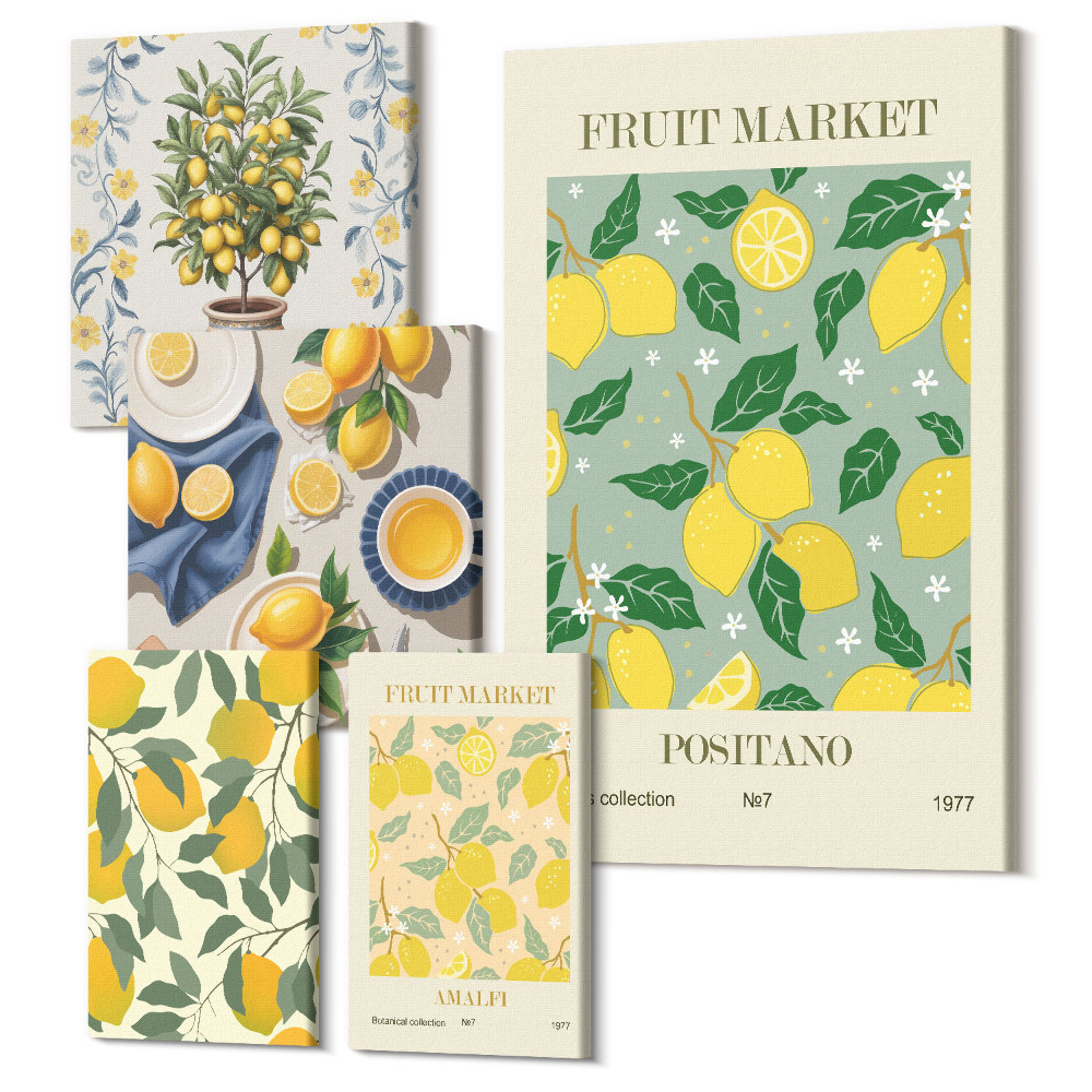 Sada obrazů pentaptych Citrusová kolekce čerstvé ovoce a dekorativní vzory