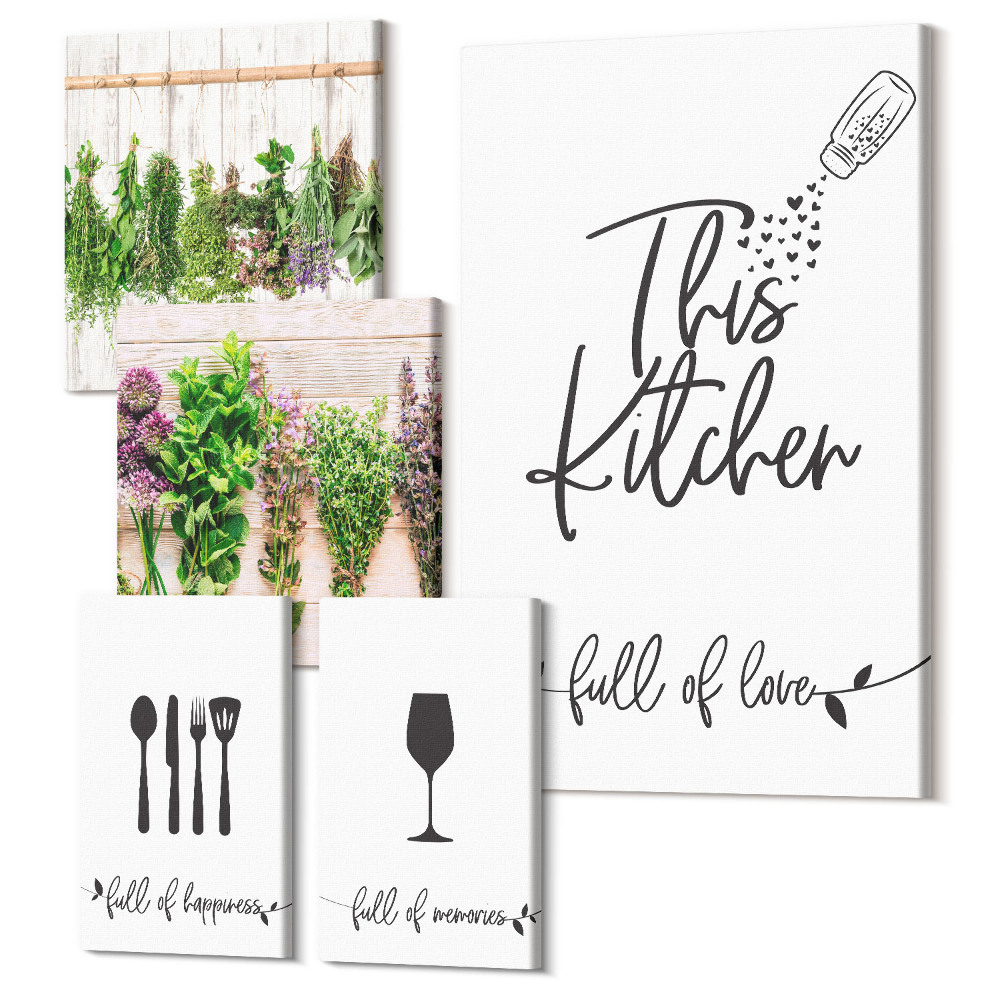 Sada obrazů pentaptych Kuchyně plná lásky, bylinek a kulinářských doplňků