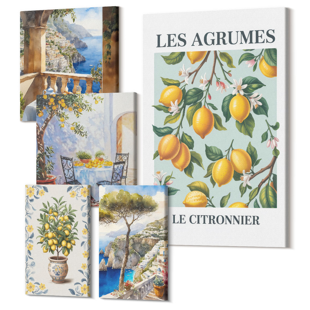 Sada obrazů na zeď pentaptych Citrusové inspirace v provensálském a středomořském stylu