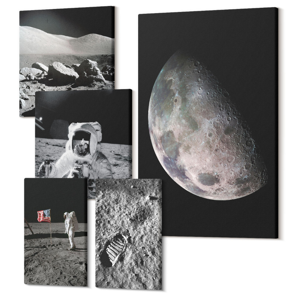 Sada 5 obrazů Měsíční krajiny s astronauty a průzkum vesmíru