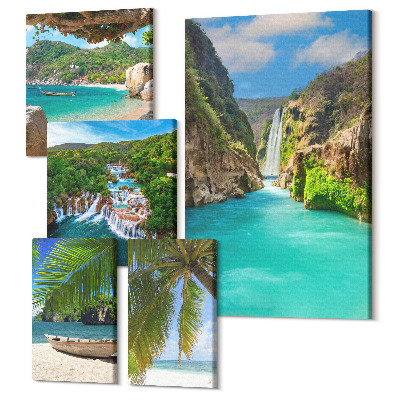 Sada 5 obrazů Tropická krajina s vodopády a rajskými plážemi