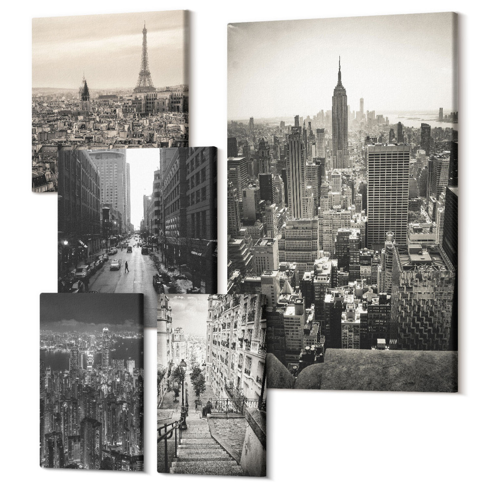 Sada obrazů pentaptych Městská panoramata ikonických hlavních měst Evropy a USA