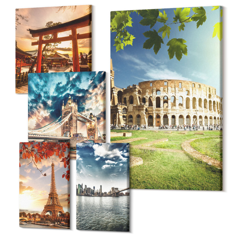 Sada obrazů na zeď pentaptych Architektonické ikony z celého světa