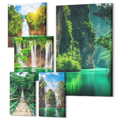 Sada 5 obrazů Tropické krajiny s vodopády a zelení
