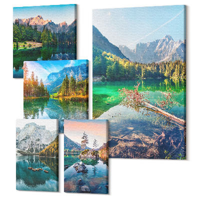 Sada obrazů na zeď pentaptych Horské krajiny s jezery a zelenými lesy