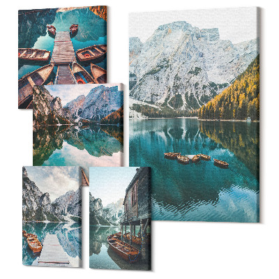 Sada 5 obrazů Horská jezera s dřevěnými čluny v přírodním stylu