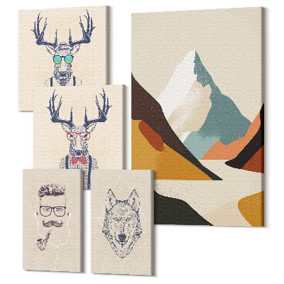 Sada obrazů pentaptych Stylové zvířecí portréty s horskou krajinou