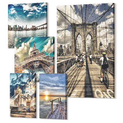 Sada 5 obrazů Panoráma města s mosty a slavnými budovami
