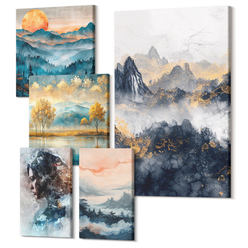 Sada obrazů pentaptych Horské krajiny s portréty a přírodní krajiny