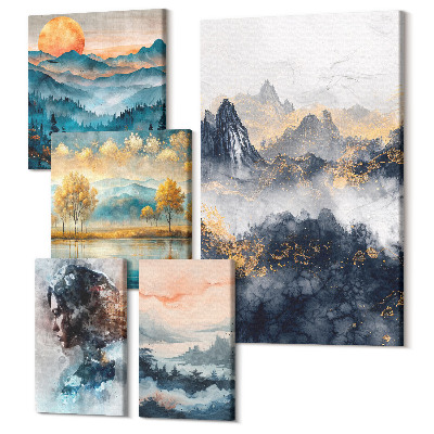 Sada obrazů pentaptych Horské krajiny s portréty a přírodní krajiny