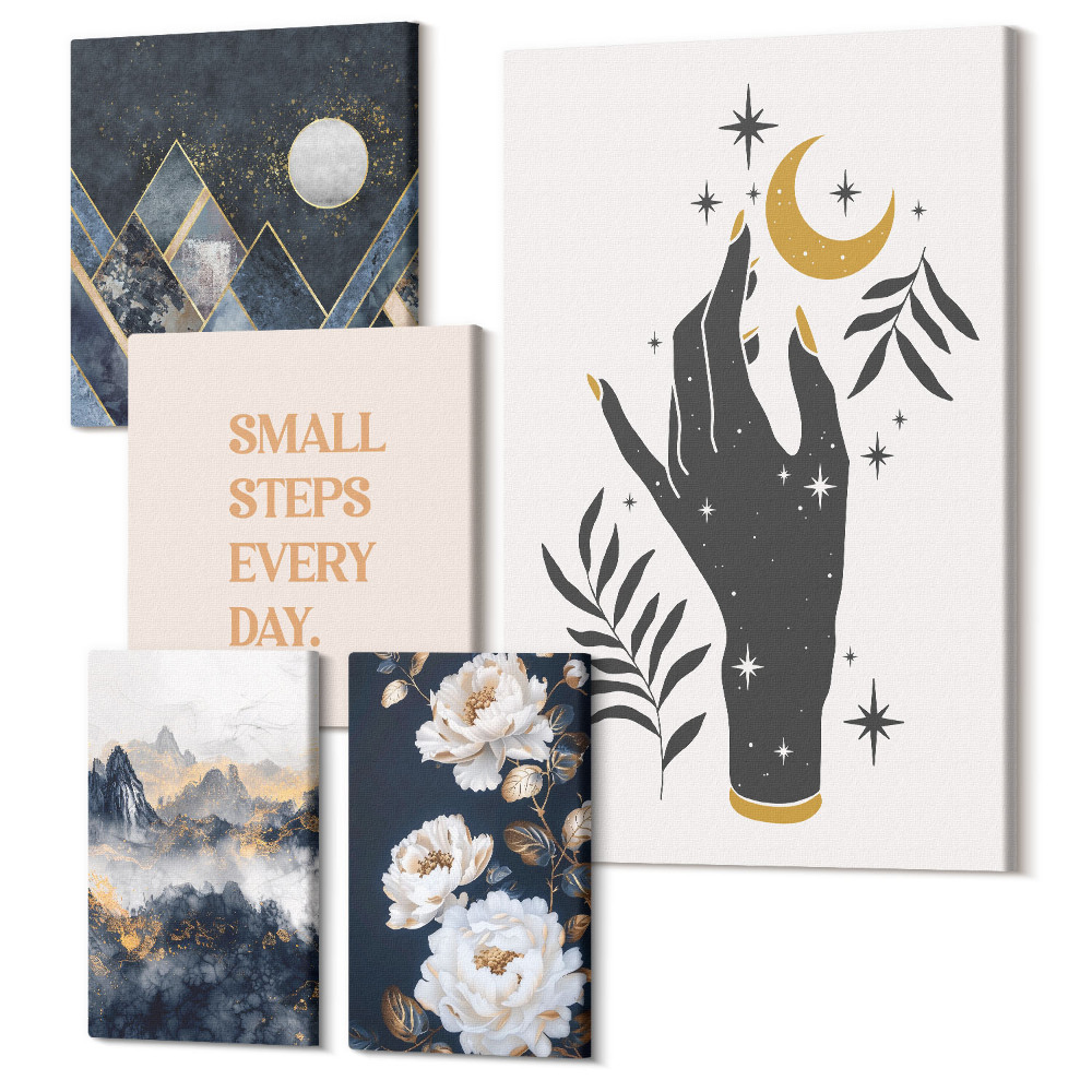 Sada obrazů na zeď pentaptych Boho styl inspirovaný přírodou a pozitivními poselstvími