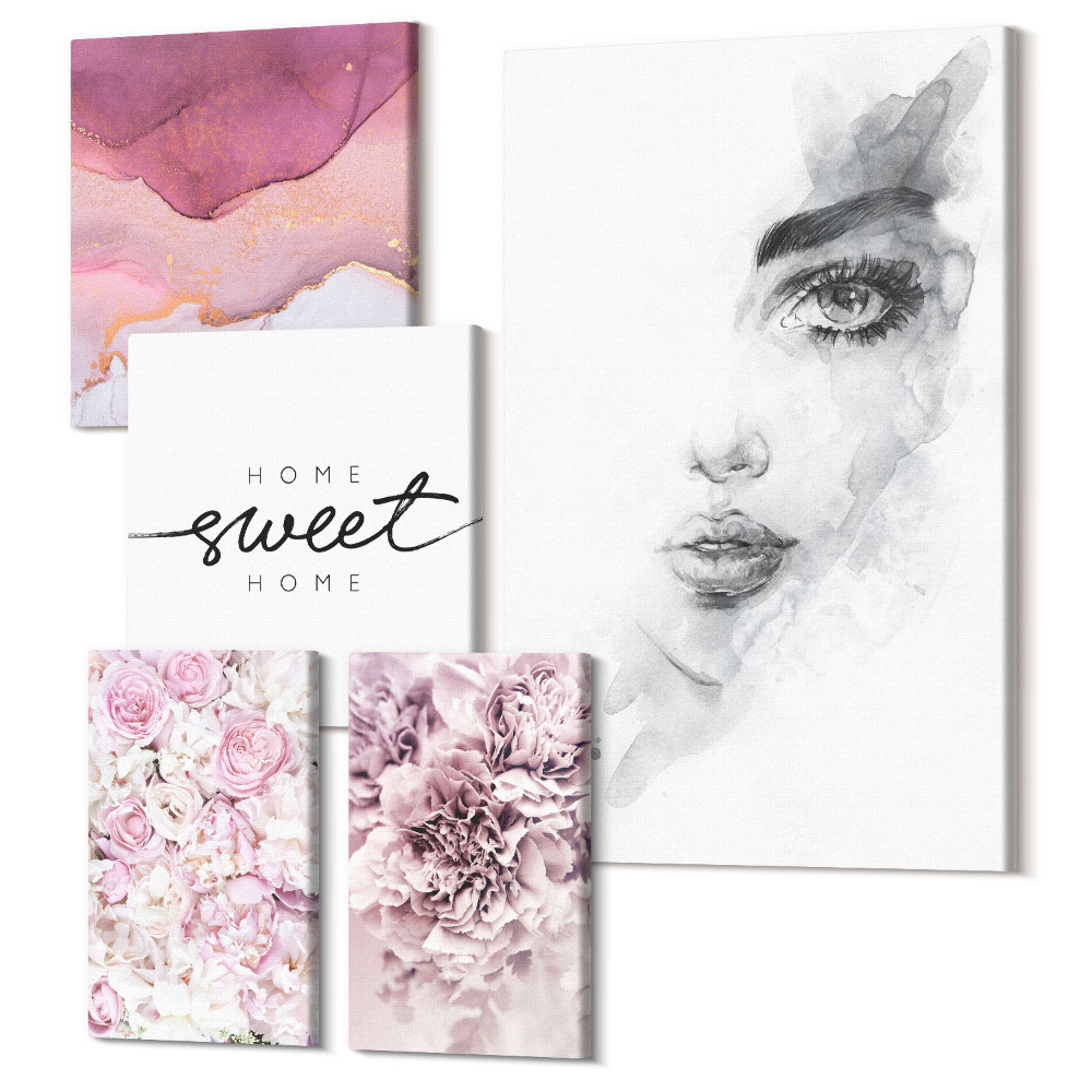 Sada obrazů pentaptych Ženské portréty a květinové kompozice v pastelech