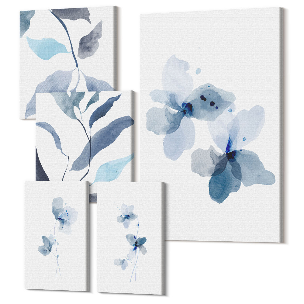Sada obrazů na zeď pentaptych Stylové akvarelové květy a listy v odstínech modré