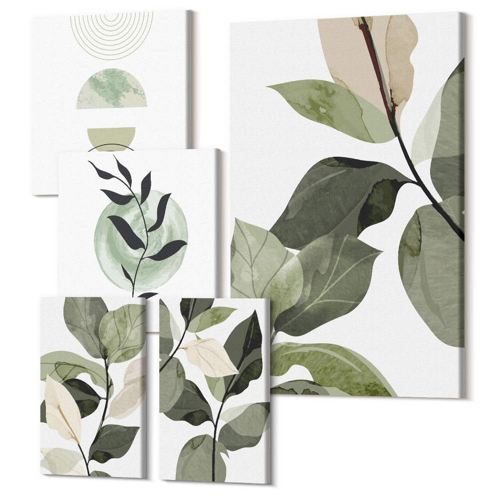 Sada obrazů pentaptych Rostlinné motivy ve skandinávském stylu se zelení a grafikou