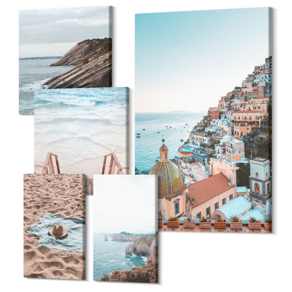 Sada obrazů na zeď pentaptych Italská přímořská města a relaxační pláže