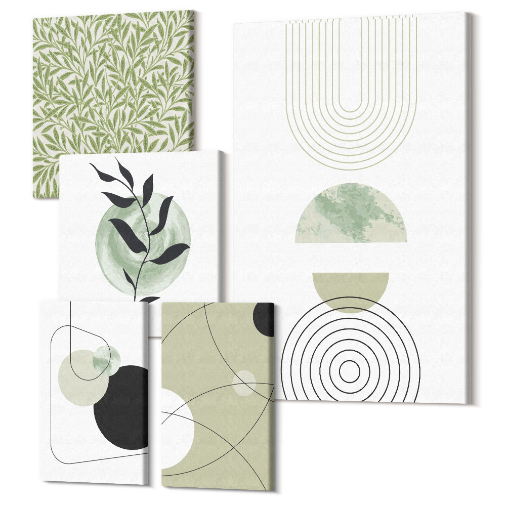 Sada obrazů na zeď pentaptych Abstraktní kompozice s geometrickými tvary a vegetací